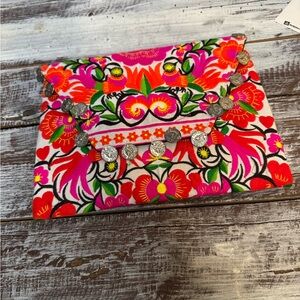 Vibrant Floral Clutch with Silver Coin Accents